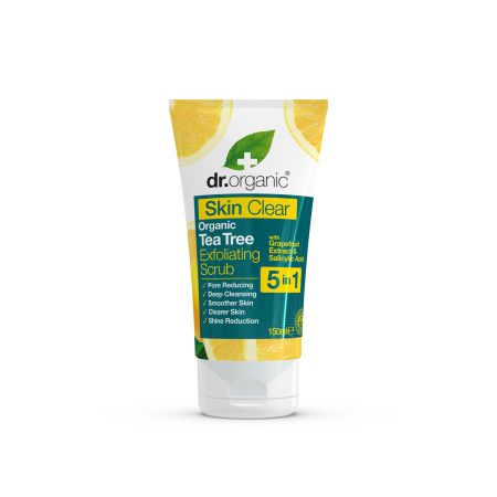 Dr.Organic Skin Clear Organic Tea Tree Exfoliating Scrub 5 In 1 Exfoliante vegano para una piel más suave calmada y clara con árbol del té 150 ml
