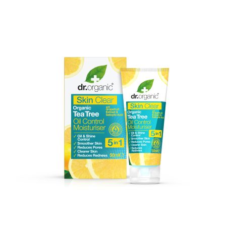 Dr.Organic Skin Clear Organic Tea Tree Oil Control Moisturiser 5 In 1 Crema de día vegana reduce manchas poros y enrojecimiento con árbol del té 50 ml