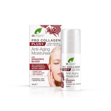Dr.Organic Pro Collagen Plus+ Anti-Aging Moisturiser Dragon'S Blood Crema de día vegana antiedad reduce enrojecimiento y arrugas 24 horas 50 ml
