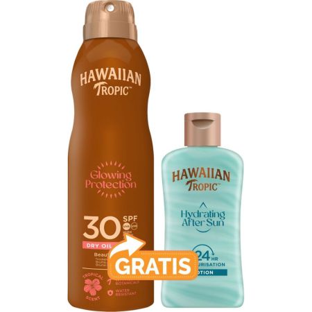 Hawaiian Tropic Glowing Protection Dry Oil Spf 30+After Sun Aloe Vera Gratis Pack regalo de protección solar resistente al agua para cuidarte antes y después del sol