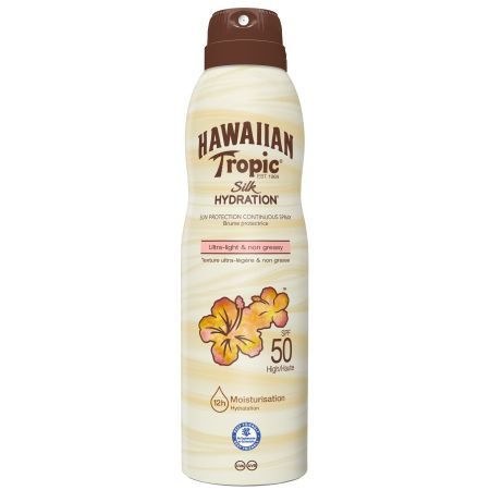 Hawaiian Tropic Silk Hydration Sun Protection Continuos Spray Brume Spf 50 Bruma solar resistente al agua y se impregna perfectamente en la piel con aroma 220 ml