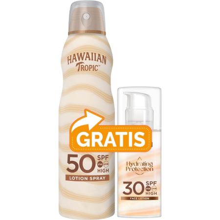 Hawaiian Tropic Hydrating Protection Lotion Spf 50+Face Lotion Spf 30 Gratis Set de protección solar facial y corporal perfecto para proteger y cuidar tu piel bajo el sol