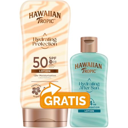 Hawaiian Tropic Hydrating Protection Lotion Spf 50+After Sun Gratis Set de protección solar facial y corporal perfecto para proteger y cuidar tu piel bajo el sol