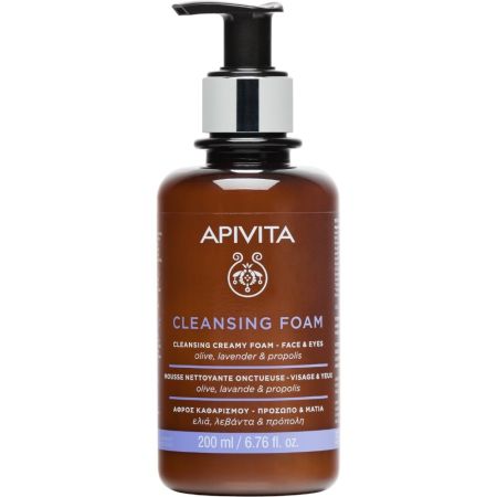 Apivita Cleasing Foam Espuma limpiadora para rostro y ojos limpia y desmaquilla con acción antipolución con oliva y lavanda  200 ml
