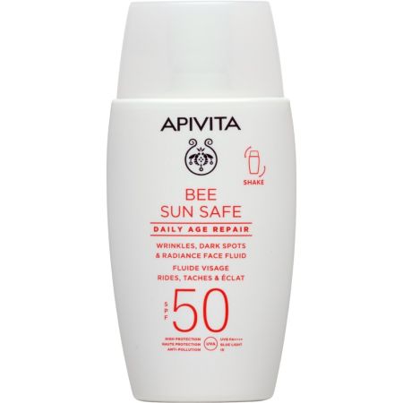 Apivita Bee Sun Safe Daily Age Repair Fluide Spf 50 Crema facial solar de textura fluida ultraligera previene y corrige la apariencia de arrugas para una piel hidratada 50 ml