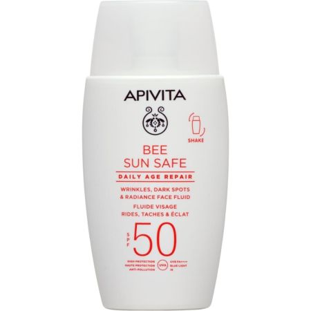 Apivita Bee Sun Safe Daily Age Repair Fluide Spf 50 Crema facial solar de textura fluida ultraligera previene y corrige la apariencia de arrugas para una piel hidratada 50 ml