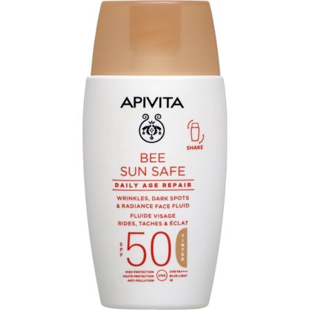 Apivita Bee Sun Safe Daily Age Repair Fluide Tinted Spf 50 Crema facial solar con color de textura fluida ultraligera previene y corrige la apariencia de arrugas para una piel hidratada 30 ml
