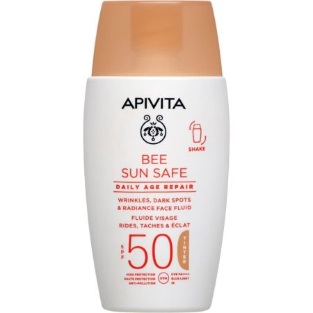 Apivita Bee Sun Safe Daily Age Repair Fluide Tinted Spf 50 Crema facial solar con color de textura fluida ultraligera previene y corrige la apariencia de arrugas para una piel hidratada 30 ml