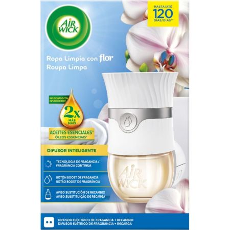 Air Wick Ambientador Aceites Esenciales Ropa Limpia Aparato+Recambio Ambientador eléctrico para hogar fragancia a ropa limpia y frescor duradero hasta 120 días 19 ml