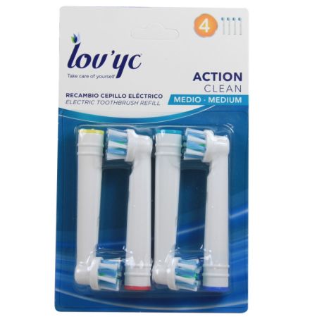 Lov'Yc Cepillo De Dientes Action Clean Medio Recambio Cepillo de dientes eléctrico para una higiene dental adecuada 4 uds