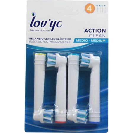 Lov'Yc Cepillo De Dientes Action Clean Medio Recambio Cepillo de dientes eléctrico para una higiene dental adecuada 4 uds