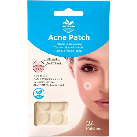 Becasan Nature Acne Patch Parches antiacné acaba con los granos de forma rápida y efectiva reduciendo la inflamación con tecnología hidrocoloide 24 uds