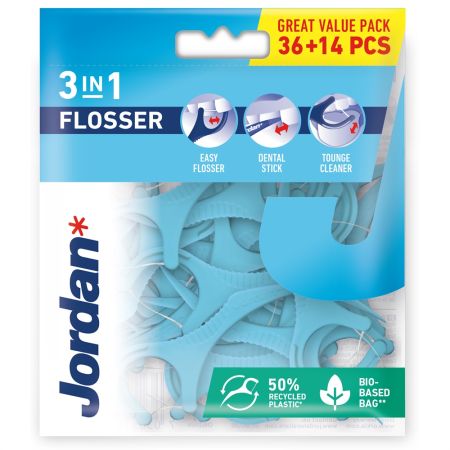 Jordan Hilo Dental 3 In 1 Flosser Hilo dental de seda para una gran limpieza bucal 36 uds + 14 uds gratis