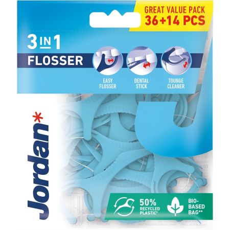 Jordan Hilo Dental 3 In 1 Flosser Formato Especial Hilo dental de seda para una gran limpieza bucal 50 uds