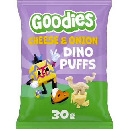 Goodies Puffs Queso Y Cebolla Dino Snack divertido y sabroso con forma de cocodrilo elaborado con ingredientes naturales a partir de 3 años 30 gr