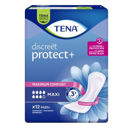 Tena Discreet Protect+ Maxi Compresas Compresas de incontinencia gran protección ante los escapes el olor y la humedad 12 uds