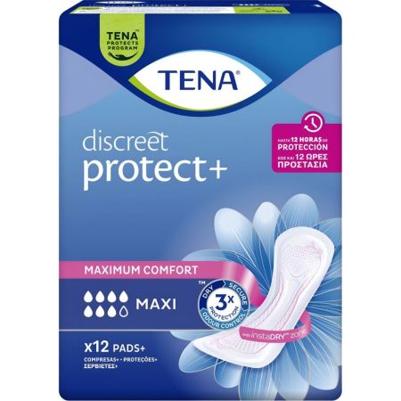 Tena Discreet Protect+ Maxi Compresas Compresas de incontinencia gran protección ante los escapes el olor y la humedad 12 uds