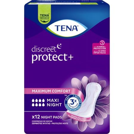 Tena Discreet Protect+ Maxi Night Compresas De Noche Compresas nocturnas de incontinencia para pérdidas de orina moderadas o abundantes 12 uds