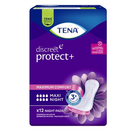 Tena Discreet Protect+ Maxi Night Compresas De Noche Compresas nocturnas de incontinencia para pérdidas de orina moderadas o abundantes 12 uds