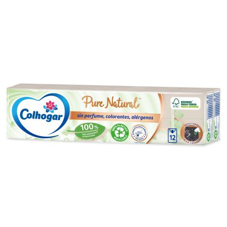 Colhogar Pañuelos Pure Natural Pañuelos biodegradables de 4 capas suaves y resistentes a la lavadora 12x8 uds