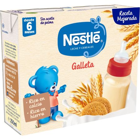 Nestle Papilla Leche Y Cerales Galleta Papilla sin aceite de palma de textura suave lista para tomar en cualquier parte a partir de 6 meses 2x250 ml