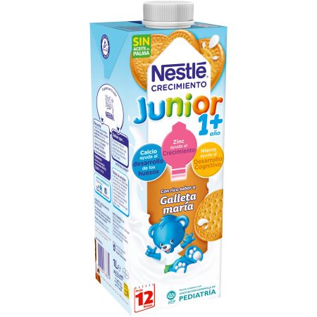 Nestle Leche De Crecimiento Junior Galleta María +1 Año Leche líquida aporta el 80% del hierro necesario a partir de 12 meses 1000 ml