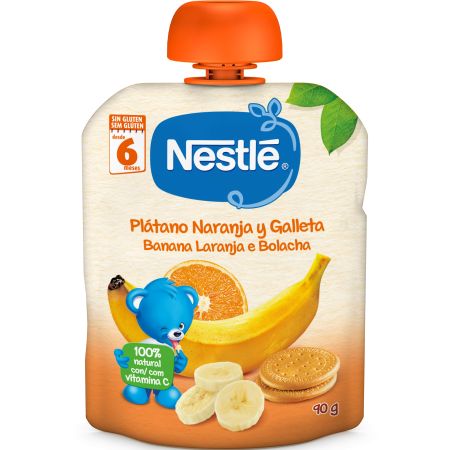 Nestle Bolsita Plátano Naranja Y Galleta Bolsita de fruta 100% natural con vitamina c lista para llevar a partir de 6 meses 90 gr