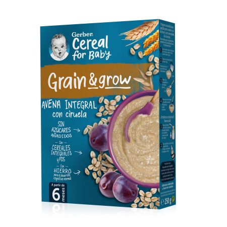 Gerber Cereal For Baby Grain & Grow Papilla Avena Integral Ciruela Papilla en polvo sin azúcares añadidos y con hierro a partir de 6 meses 250 gr