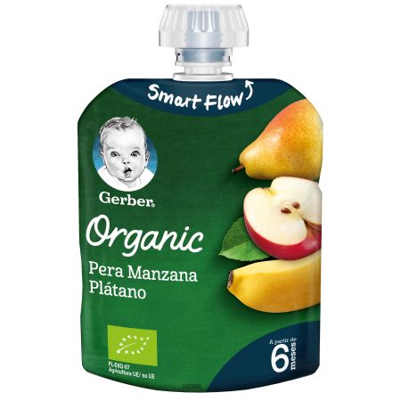 Gerber Organic Bolsita Pera Manzana Y Plátano Bolsita ecológica con perfecta combinación de frutas a partir de 6 meses 90 gr