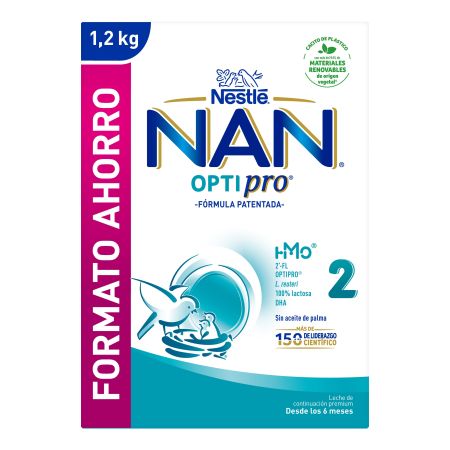 Nestle Leche De Continuación Nan Optipro 2 Formato Ahorro Leche en polvo sin lactosa azúcares añadidos ni aceite de palma a partir de 6 meses 1200 gr