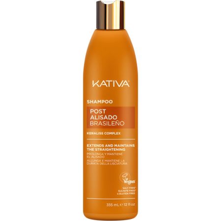 Kativa Post Alisado Brasileño Shampoo Champú nutritivo prolonga el alisado ofreciendo brillo y suavidad con keratina vegetal y ácido hialurónico 355 ml