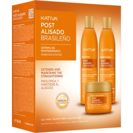 Kativa Post Alisado Brasileño Sistema De Mantenimiento Estuche Tratamiento capilar con keratina y ácido hialurónico ensencial para mantener y prolongar tu alisado