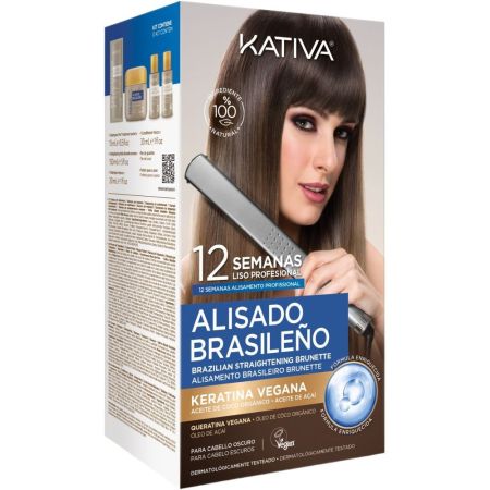 Kativa Alisado Brasileño Para Cabello Oscuro Tratamiento de alisado vegano para un resultado profesional hasta 12 semanas de duración sin dañar