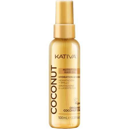 Kativa Hidratación Y Brillo Coconut Nutrition Hair Oil Aceite capilar nutritivo ofrece una cabello sano suave y brillante con aceite de coco orgánico 100 ml