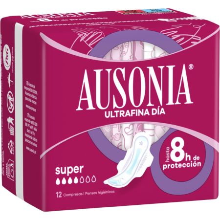 Ausonia Ultrafina Super Compresas Compresas con alas ofrecen hasta 8 horas de protección capturando y neutralizando el olor 12 uds