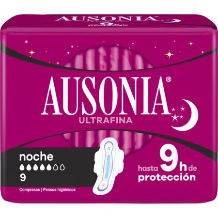 Ausonia Ultrafina Noche Compresas Compresas de noche con alas ofrece protección óptima por la noche neutralizando el olor 9 uds