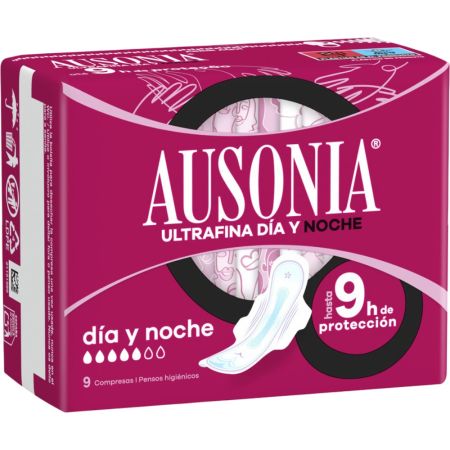 Ausonia Ultrafina Noche Compresas Compresas de noche con alas ofrece protección óptima por la noche neutralizando el olor 9 uds