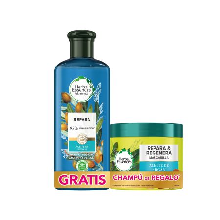 Herbal Essences Repara & Regenera Mascarilla+ Repara Champú Pack regalo vegano repara y suaviza el cabello dañado con aceite de argán
