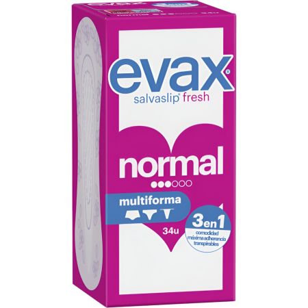 Evax Normal Multiforma Salvaslip Fresh 3en1 Protegeslip con laterales flexibles se adapta a todos los tipos de ropa interior femenina 34 uds