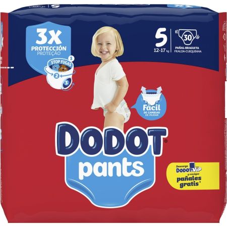 Dodot Pants Pañal-Braguita 12-17 Kg Talla 5 Pants antifugas ultraabsorbente con cintura elástica y ajuste 350º  hasta 12 horas de protección 30 uds