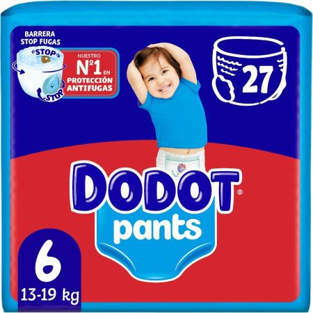 Dodot Pants Pañal-Braguita 13-19 Kg Talla 6 Pants antifugas ultraabsorbente con cintura elástica y ajuste 350º  hasta 12 horas de protección 27 uds