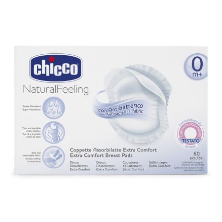Chicco Discos Absorbentes Natural Feeling +0m Discos absorbentes antibacterianos máxima seguridad y delicadeza 30 uds