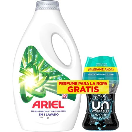 Ariel Detergente Original+Lenor Perlas Unstoppables Fresh Gratis Pack regalo para el lavado de la ropa