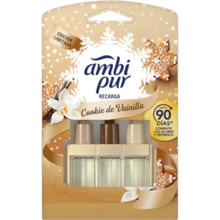 Ambipur Ambientador Ambipur Recarga Edición Navidad Ambientador eléctrico para hogar ofrece fragancia limpia con aroma a galleta de vainilla hasta 90 días 21 ml