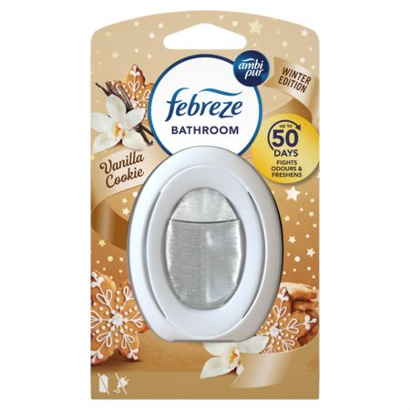 Ambipur Ambientador Frebeze Bathroom Vanilla Cookie Winter Edition Ambientador para baño ofrece fragancia limpia con aroma a galleta de vainilla hasta 50 días 7,5 ml