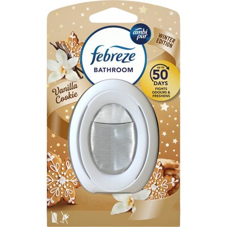 Ambipur Ambientador Frebeze Bathroom Vanilla Cookie Winter Edition Ambientador para baño ofrece fragancia limpia con aroma a galleta de vainilla hasta 50 días 7,5 ml