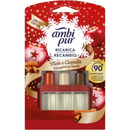 Ambipur Ambientador Ambipur Recarga Edición Navidad Ambientador eléctrico para hogar ofrece fragancia limpia con aroma a manzana especiada hasta 90 días 21 ml