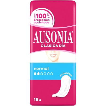 Ausonia Compresas Clásica Día Normal Compresas de dia sin alas antifugas se adaptan a tu cuerpo para hacerte sentir cómoda y segura 16 uds