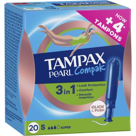 Tampax Tampones Pearl Compak Super 3in1 Formato Especial Tampones con aplicador de plástico ofrecen protección discreción y comodidad de larga duración 20 uds