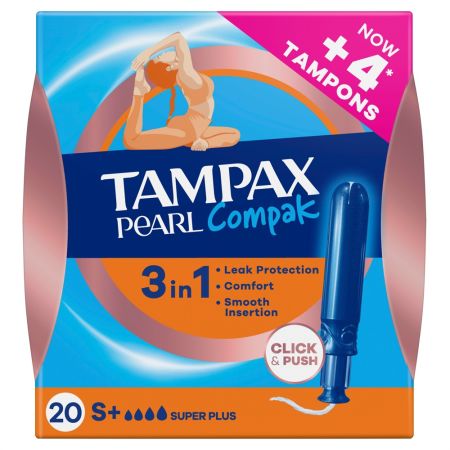 Tampax Tampones Pearl Compak Super Plus Formato Especial Tampones con aplicador de plástico 20 uds